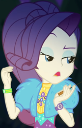 Size: 665x1031 | Tagged: safe, screencap, rarity, equestria girls, equestria girls series, sunset's backstage pass!, spoiler:eqg series (season 2), clothes, coat, cropped, cute, dress, female, forest background, fur, fur coat, geode of shielding, jewelry, magical geodes, night, outdoors, ponytail, raised eyebrow, raribetes, sassy, sitting, stick, wristband