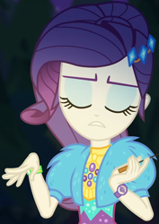 Size: 745x1050 | Tagged: safe, screencap, rarity, equestria girls, equestria girls series, sunset's backstage pass!, spoiler:eqg series (season 2), clothes, coat, cropped, cute, dress, eyes closed, female, forest background, fur, fur coat, geode of shielding, jewelry, magical geodes, outdoors, ponytail, raribetes, sassy, sitting, stick, wristband