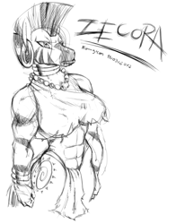 Size: 1099x1405 | Tagged: safe, artist:konnykon, zecora, anthro, zebra, female, grayscale, monochrome, muscles, simple background, solo, white background