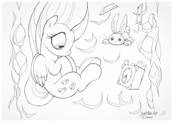 Size: 1073x759 | Tagged: safe, artist:sherwoodwhisper, angel bunny, fluttershy, pegasus, pony, clock, duo, falling, folded wings, freefall, hooves to the chest, ink, inktober, inktober 2017, lineart, looking down, monochrome, playing card, rabbit hole, traditional art