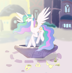 Size: 4263x4327 | Tagged: safe, artist:mr100dragon100, discord, princess celestia, alicorn, pony, canterlot, collar, crown, dislestia, female, fountain, hoof shoes, implied dislestia, implied shipping, implied straight, jewelry, male, mare, open mouth, regalia, shipping, straight