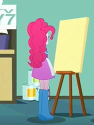 Size: 1536x2048 | Tagged: safe, edit, edited screencap, screencap, pinkie pie, eqg summertime shorts, equestria girls, the art of friendship, boots, canvas, clothes, cropped, easel, female, rear view, shoes, solo