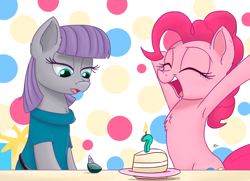 Size: 2500x1814 | Tagged: safe, artist:j24262756, boulder (pet), maud pie, pinkie pie, earth pony, pony, armpits, birthday cake, cake, candle, clothes, cute, diapinkes, eyes closed, female, food, hat, mare, open mouth, party hat, pinkamena diane pie, smiling