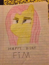 Size: 2448x3264 | Tagged: safe, artist:sirbumpaous, derpibooru exclusive, fluttershy, pegasus, pony, classic art, happy birthday mlp:fim, lined paper, lol, mlp fim's seventh anniversary, pencil drawing, solo, traditional art