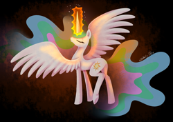 Size: 1941x1374 | Tagged: safe, artist:melodyclerenes, princess celestia, alicorn, pony, beautiful, eyes closed, female, magic, mare, plot, solo, telekinesis, wings