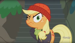 Size: 1610x933 | Tagged: safe, screencap, applejack, earth pony, pony, ppov, applejack is best facemaker, captain jackbeard, discovery family logo, solo