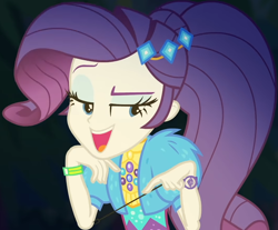 Size: 1060x878 | Tagged: safe, screencap, rarity, better together, equestria girls, sunset's backstage pass!, clothes, coat, cropped, cute, dress, female, forest background, fur, fur coat, geode of shielding, jewelry, magical geodes, night, outdoors, ponytail, raised eyebrow, raribetes, sassy, sitting, smiling, stick, wristband