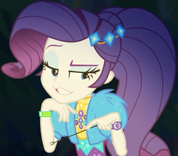 Size: 1046x922 | Tagged: safe, screencap, rarity, better together, equestria girls, sunset's backstage pass!, clothes, coat, cropped, cute, dress, female, forest background, fur, fur coat, geode of shielding, jewelry, lidded eyes, magical geodes, music festival outfit, night, outdoors, ponytail, raised eyebrow, raribetes, sassy, short sleeves, sitting, smiling, stick, wristband