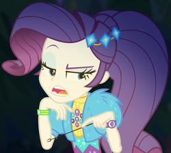 Size: 1048x940 | Tagged: safe, screencap, rarity, better together, equestria girls, sunset's backstage pass!, clothes, coat, cropped, cute, dress, female, forest background, fur, fur coat, geode of shielding, jewelry, lidded eyes, magical geodes, night, outdoors, ponytail, raised eyebrow, raribetes, sassy, short sleeves, sitting, stick, wristband