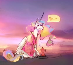 Size: 3564x3185 | Tagged: safe, artist:alumx, princess celestia, alicorn, pony, bathrobe, clothes, coffee, cute, cutelestia, female, folded wings, mare, morning, pictogram, robe, sitting, solo, speech bubble, wings, 👌