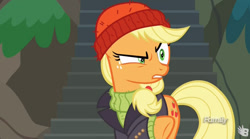 Size: 840x467 | Tagged: safe, screencap, applejack, earth pony, pony, ppov, captain jackbeard, discovery family logo, solo