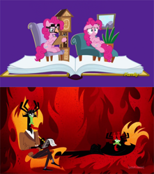 Size: 620x700 | Tagged: safe, pinkie pie, pony, fame and misfortune, aku, clipboard, comparison, flawless, groucho mask, notepad, pinkiatrist, samurai jack, therapist