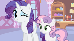 Size: 1920x1080 | Tagged: safe, screencap, rarity, sweetie belle, pony, unicorn, stare master, happy, one eye closed, sewing machine, slowpoke, wink