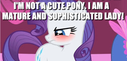 Size: 687x331 | Tagged: safe, edit, edited screencap, screencap, rarity, pony, unicorn, green isn't your color, blushing, caption, denial, embarrassed, i'm not cute, image macro, meme, solo, text