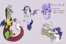 Size: 3000x2000 | Tagged: safe, artist:arirain, discord, rarity, oc, oc:diamond claw, hybrid, pony, unicorn, artificial wings, augmented, flying, interspecies offspring, magic, magic wings, missing cutie mark, nuzzling, offspring, parent:discord, parent:rarity, parents:raricord, raricord, shipping, straight, wings