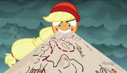 Size: 1280x738 | Tagged: safe, screencap, applejack, earth pony, pony, ppov, captain jackbeard, discovery family logo, map, mouth hold, perspective, solo, tri-horned bunyip