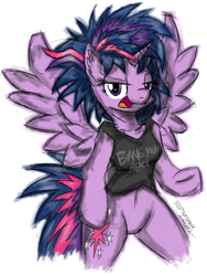 Size: 1000x1327 | Tagged: safe, artist:flutterthrash, derpibooru import, twilight sparkle, twilight sparkle (alicorn), alicorn, anthro, alternate hairstyle, arm hooves, bipedal, bottomless, clothes, punklight sparkle, solo