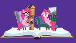 Size: 1920x1080 | Tagged: safe, screencap, pinkie pie, earth pony, pony, fame and misfortune, book, chair, clipboard, clock, distressed, ears up, fern, flawless, floppy ears, glasses, grandfather clock, groucho mask, lying, painting, paradox, pencil, pinkiatrist, pop-up book, psychiatrist, self ponidox, sitting, sofa, stressed, therapist, therapy, troubled, unhappy, writing