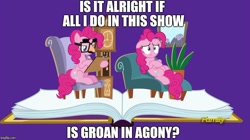 Size: 888x499 | Tagged: safe, screencap, pinkie pie, earth pony, pony, fame and misfortune, book, chair, dave the barbarian, discovery family logo, exploitable meme, flawless, groucho mask, image macro, meme, pinkiatrist, psychologist, sofa, twinkle the marvel horse