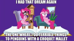 Size: 888x499 | Tagged: safe, screencap, pinkie pie, earth pony, pony, fame and misfortune, book, chair, clock, dave the barbarian, exploitable meme, flawless, groucho mask, image macro, meme, pinkiatrist, psychologist, sofa, twinkle the marvel horse