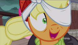 Size: 1280x738 | Tagged: safe, screencap, applejack, pinkie pie, earth pony, pony, ppov, captain jackbeard, discovery family logo, female, mare, open mouth, silly, silly pony, smiling, solo focus, when she smiles, who's a silly pony