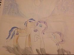 Size: 1024x768 | Tagged: safe, artist:carlos324, rarity, oc, oc:carlos, oc:lightning burn, pegasus, pony, unicorn, beautiful background, canon x oc, color pencil drawing, female, love, moon, rarilightning, rarilos, romance, shipping, traditional art