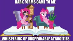 Size: 888x499 | Tagged: safe, screencap, pinkie pie, earth pony, pony, fame and misfortune, chair, clock, dave the barbarian, exploitable meme, flawless, groucho mask, image macro, meme, pinkiatrist, psychologist, sofa, twinkle the marvel horse