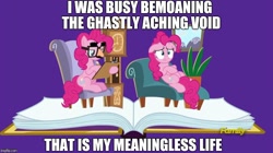 Size: 888x499 | Tagged: safe, screencap, pinkie pie, earth pony, pony, fame and misfortune, chair, clock, dave the barbarian, exploitable meme, groucho mask, image macro, meme, nihilism, pinkiatrist, psychologist, sofa, twinkle the marvel horse