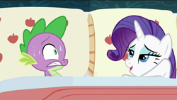 Size: 1280x720 | Tagged: safe, edit, edited screencap, screencap, rarity, spike, dragon, pony, unicorn, 28 pranks later, applejack's bed partner, exploitable meme, female, male, mare, meme, shipping, sparity, straight, sweat