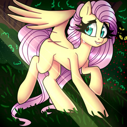 Size: 1000x1000 | Tagged: safe, artist:fazzfuck, fluttershy, pegasus, pony, female, forest, mare, smiling, solo