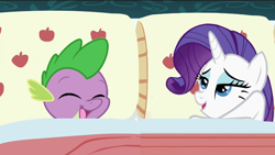 Size: 1280x720 | Tagged: safe, artist:joey darkmeat, artist:zutheskunk traces, edit, edited screencap, screencap, rarity, spike, dragon, pony, unicorn, 28 pranks later, applejack's bed partner, bed, exploitable meme, female, male, mare, meme, shipping, sparity, straight