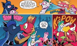 Size: 1288x777 | Tagged: safe, artist:andypriceart, idw, big macintosh, cosmos (character), pinkie pie, princess celestia, princess luna, alicorn, earth pony, pony, spoiler:comic, spoiler:comic76, abuse, comic, cosmomac, female, fight, kissing, knock out, lunamac, macabuse, male, mare, official comic, pinkiebuse, possessed, possesstia, punch, shipping, speech bubble, stallion, straight