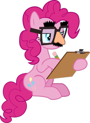 Size: 2200x2989 | Tagged: safe, artist:frownfactory, pinkie pie, earth pony, pony, fame and misfortune, .svg available, blue eyes, cutie mark, disguise, fake glasses, female, glasses, groucho mask, mare, pink coat, pink hair, pink mane, pink tail, pinkiatrist, simple background, sitting, solo, svg, transparent background, vector