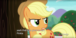 Size: 1920x975 | Tagged: safe, screencap, applejack, earth pony, pony, ppov, applejerk, implied pinkiebuse, meme, out of character, solo, youtube caption