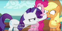 Size: 1920x975 | Tagged: safe, screencap, applejack, pinkie pie, rarity, earth pony, pony, unicorn, ppov, meme, youtube caption