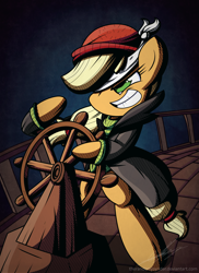 Size: 1600x2200 | Tagged: safe, artist:therandomjoyrider, applejack, earth pony, pony, ppov, beanie, bipedal, captain jackbeard, clothes, coat, hat, ship, signature, solo