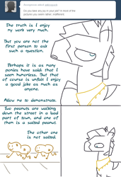 Size: 682x1000 | Tagged: safe, artist:the weaver, oc, oc only, oc:ice pack, zebra, ask ice pack, comic, joke, male, monty python, not salmon, peanut, pun, simple background, solo, stallion, the funniest joke in the world, tumblr, wat, white background