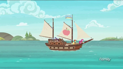 Size: 1280x720 | Tagged: safe, screencap, applejack, pinkie pie, rarity, earth pony, pony, unicorn, ppov, boat, discovery family logo, flag, ocean, sailing, ship