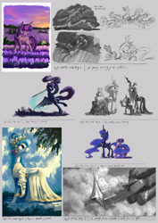 Size: 2663x3767 | Tagged: safe, artist:plainoasis, princess celestia, princess luna, queen chrysalis, twilight sparkle, twilight sparkle (alicorn), alicorn, changeling, changeling queen, pony, cake, clothes, dress, food, sword, weapon