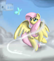 Size: 4000x4570 | Tagged: safe, artist:phendyl, fluttershy, butterfly, pegasus, pony, absurd resolution, cloud, flying, solo