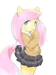 Size: 960x1280 | Tagged: safe, artist:30clock, fluttershy, pegasus, pony, semi-anthro, bipedal, clothes, cute, looking at you, moe, school uniform, shyabetes, simple background, skirt, skirt lift, smiling, solo, sweater, sweatershy, white background