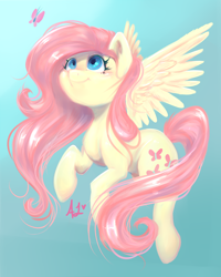 Size: 2000x2500 | Tagged: safe, artist:thefluffyvixen, fluttershy, butterfly, pegasus, pony, female, flying, gradient background, looking at something, looking up, mare, smiling, solo, spread wings, wings