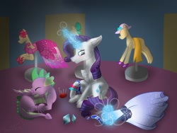Size: 1024x768 | Tagged: safe, artist:delfinaluther, rarity, spike, dragon, pony, unicorn, cheek fluff, chest fluff, clothes, dress, dress form, dressmaking, ear fluff, eyes closed, fabric, female, gem, glowing horn, hat, hoof shoes, horn, implied shipping, implied sparity, implied straight, leg fluff, magic, male, mannequin, mare, pincushion, ponyquin, profile, ribbon, shadow, sitting, sleeping, smiling, winged spike