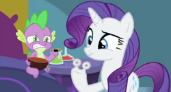 Size: 496x265 | Tagged: safe, screencap, rarity, spike, dragon, pony, unicorn, ail-icorn, spoiler:interseason shorts, bowl, censored, gritted teeth, looking at something, nervous, rariskate, unnecessary censorship, winged spike