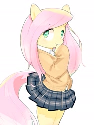 Size: 1451x1933 | Tagged: safe, artist:30clock, fluttershy, pegasus, pony, semi-anthro, clothes, cute, dawwww, female, looking at you, looking back, mare, moe, shyabetes, simple background, skirt, skirt lift, smiling, solo, sweater, sweatershy, white background