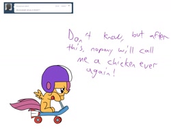 Size: 1600x1200 | Tagged: safe, scootaloo, pegasus, pony, ask, blank flank, dialogue, female, filly, helmet, scooter, simple background, sitting, tumblr, white background, wings