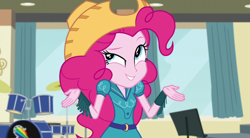 Size: 1400x774 | Tagged: safe, screencap, pinkie pie, equestria girls, friendship games, farmer pinkie, shrug