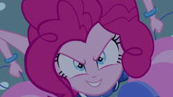 Size: 1400x783 | Tagged: safe, screencap, pinkie pie, equestria girls, friendship games, evil grin, grin, happy, party cannon, smiling, solo