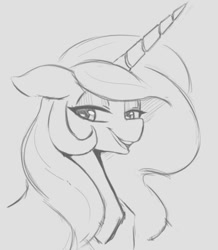 Size: 474x543 | Tagged: safe, artist:tre, princess celestia, alicorn, pony, bust, female, grayscale, looking at you, mare, monochrome, open mouth, portrait, simple background, smiling, solo