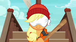 Size: 1280x720 | Tagged: safe, screencap, applejack, earth pony, pony, ppov, blindfold, female, holding, lifejacket, mare, smiling, solo, stick